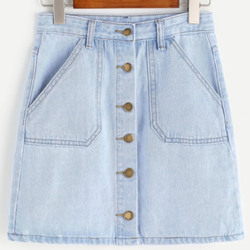 Light Blue Single Breasted Pockets Denim Skirt